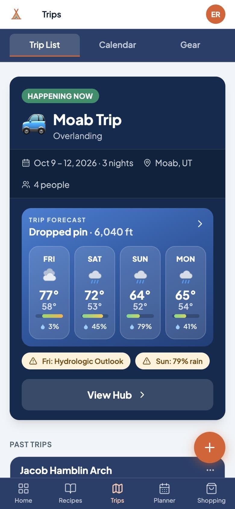 Trip card for a Moab trip with a four-day forecast